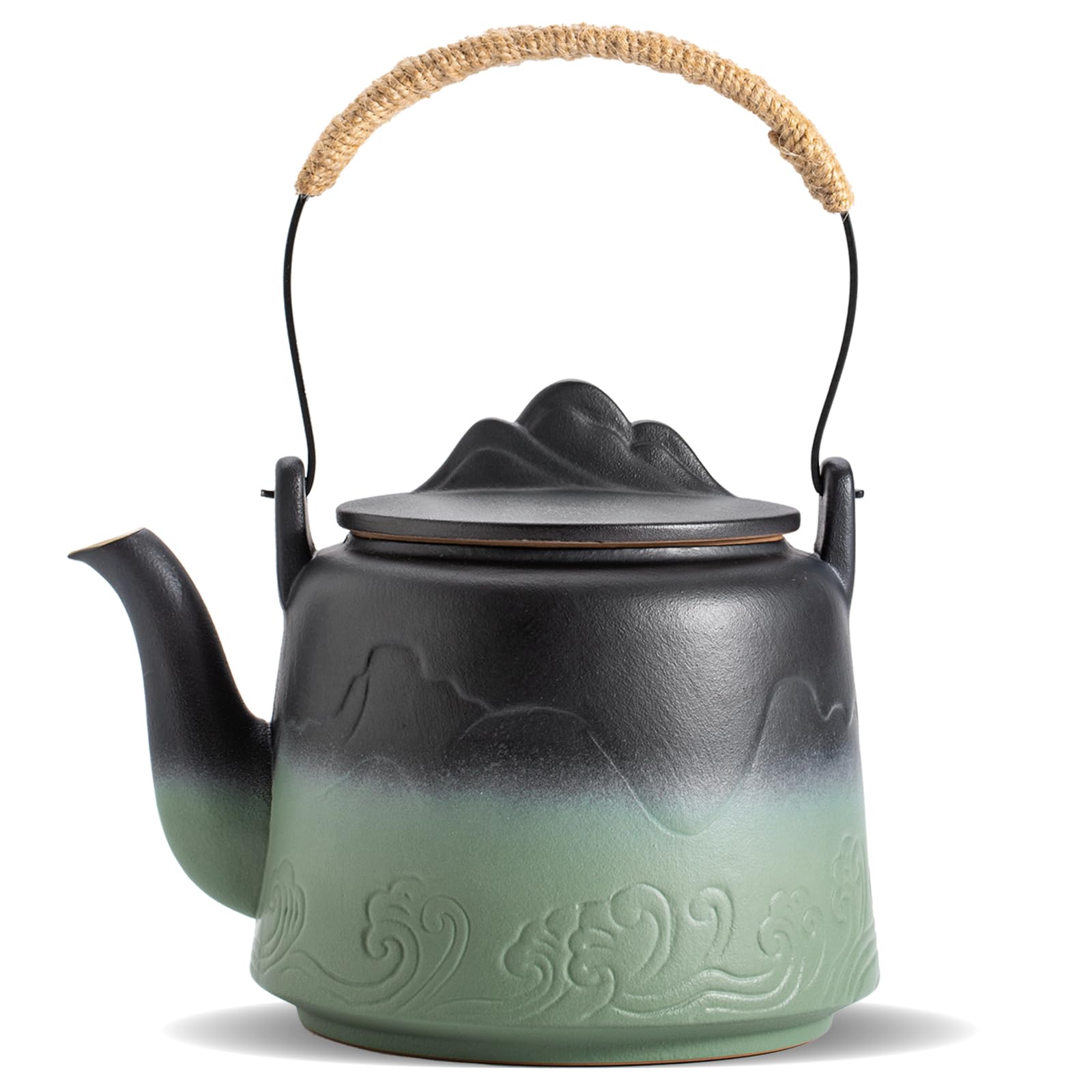 ZENS Design Japanische Teekanne,1000ml Gradienten Geprägtem Japanische Teekanne Keramik mit Eingebautes Sieb und Hanfseilgriff für Losen Tee Stepper, Geschenk für Teeliebhaber, Schwarz & Bohne grün