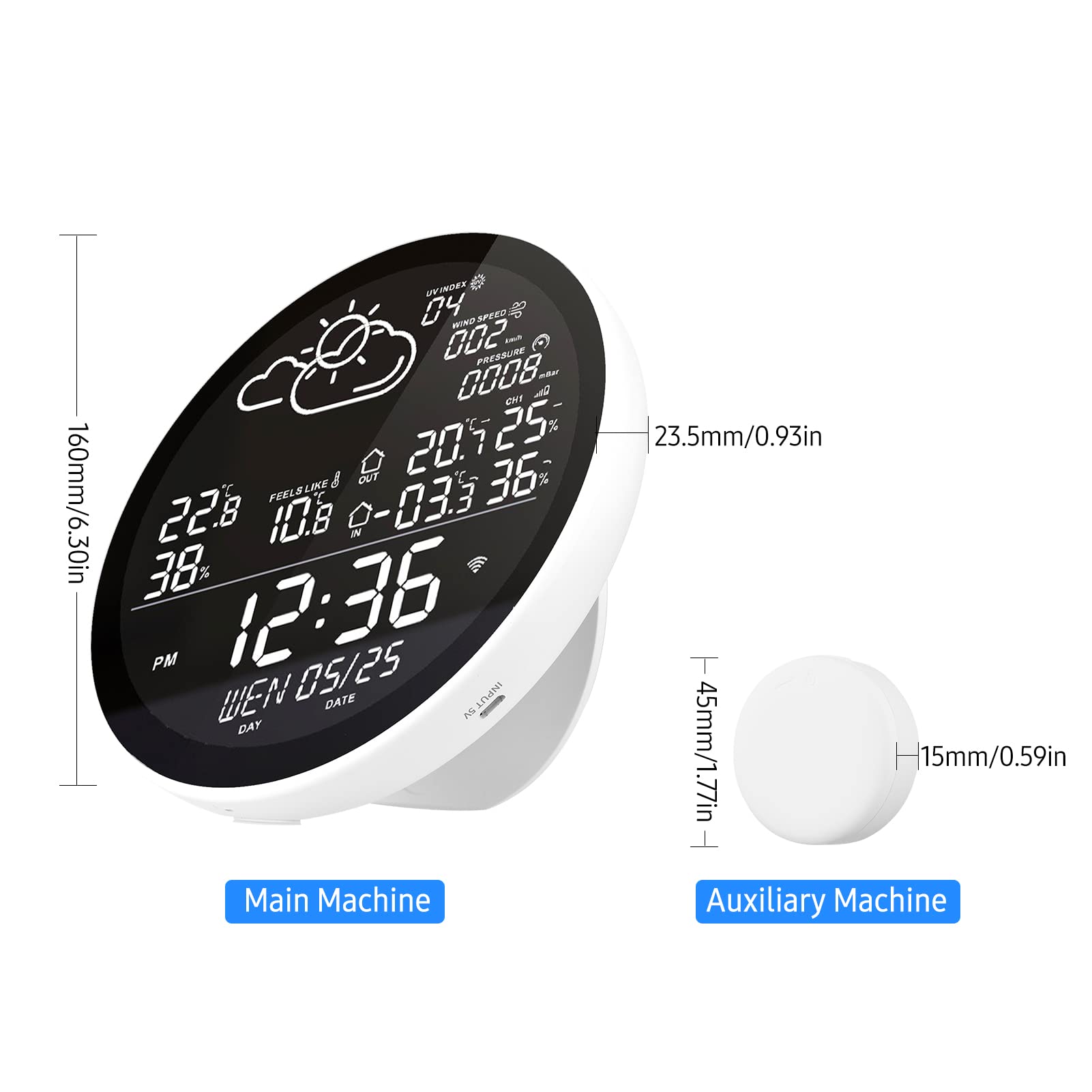 WIFI Smart Weather Station z dużym ekranem LCD Zegar Temperatury wilgotności wielofunkcyjnej Higrometr wilgotności pogodowej z 3 czujnikami Alerts do biura domowego (With 1 Auxiliary Machine)