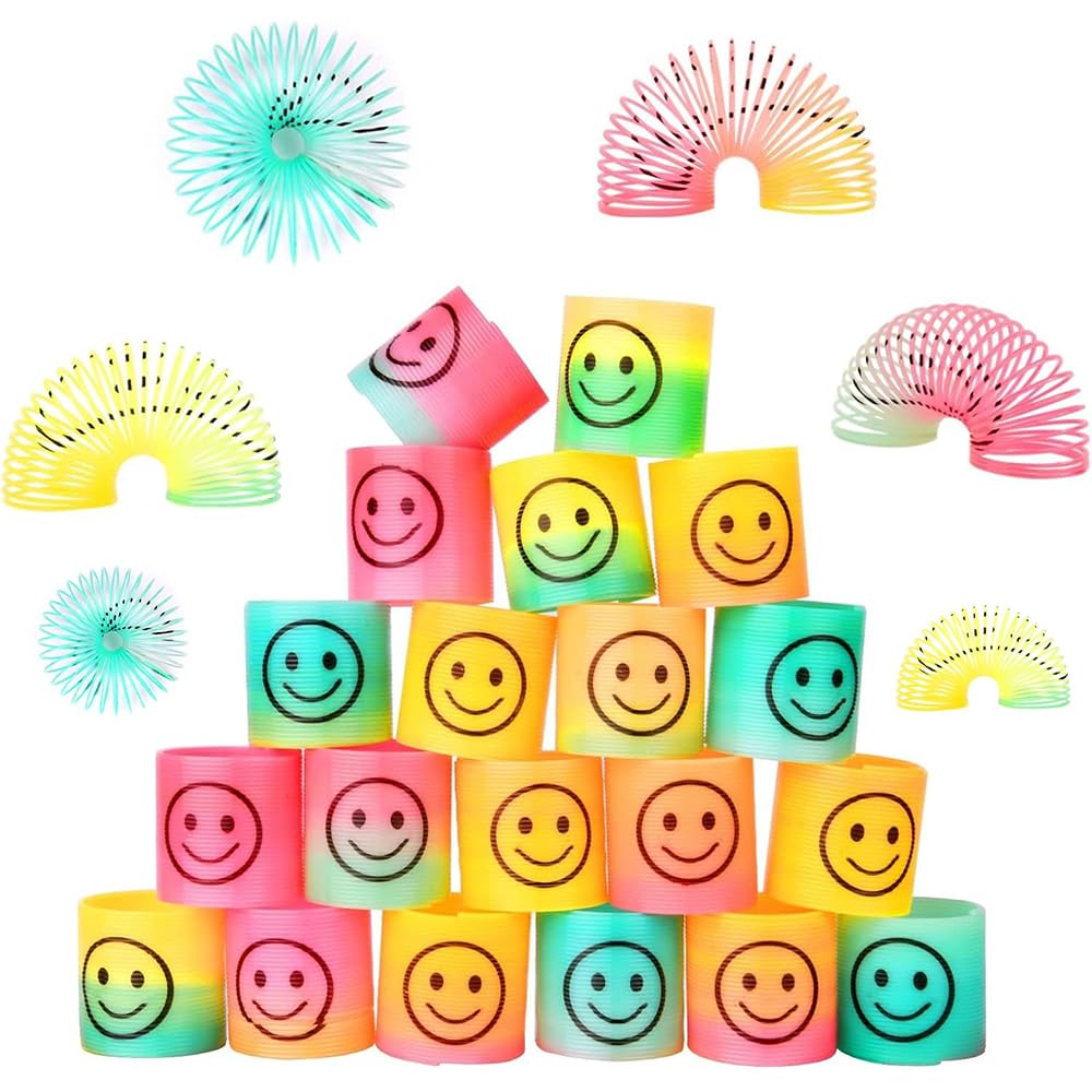 ASPIRE UK 48 Rainbow Springs Small Mini Slinky Smiley Face Rainbow Springs Fidget Party Bag Filler Gifts for Kids - Pinata Party Favour, Bulk Party Toys for Boys, Girls & Kids Party Supplies