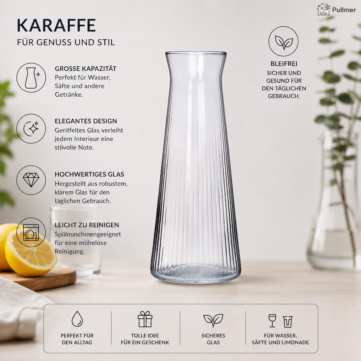 Karafka na wodę z pokrywką, szklana karafka 1 l,