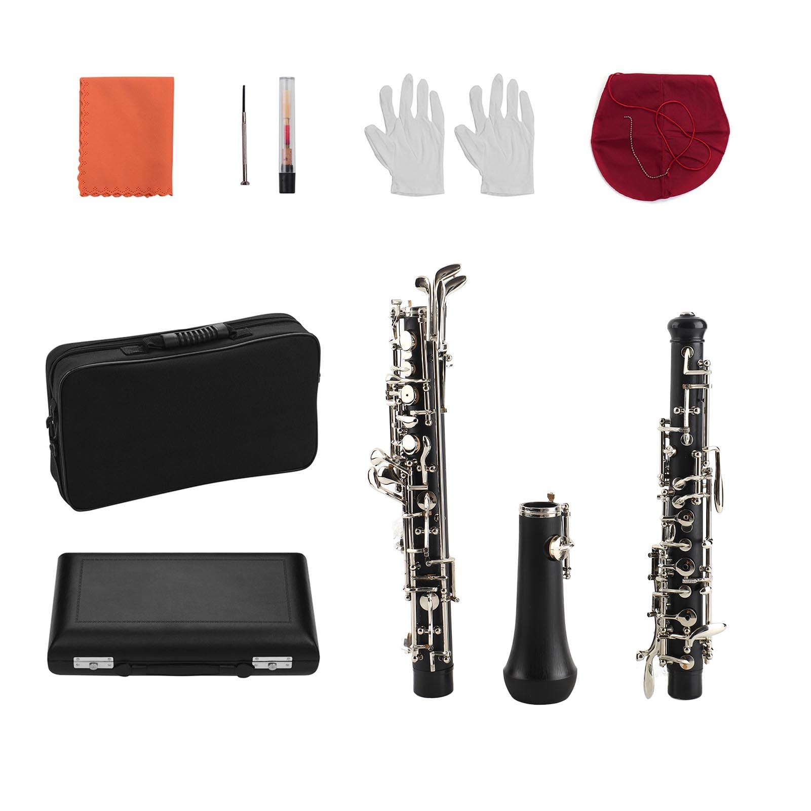 HUIOP Oboe profesional con llave en C,estilo semiautomático,teclas niqueladas,instrumento de viento de madera con guantes de caña para oboe,estuche de cuero,bolsa de transporte,paño de limpieza,oboe