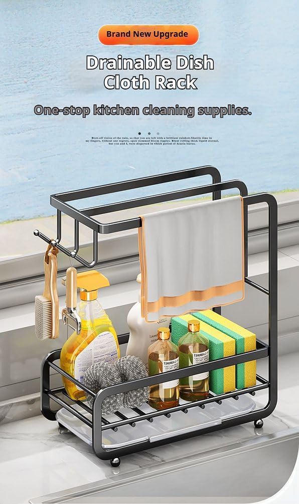 Escurridor de platos con bandeja de goteo extraíble, soporte para paños de cocina, organizador para secar fregaderos y encimeras, ahorra espacio (Negro)