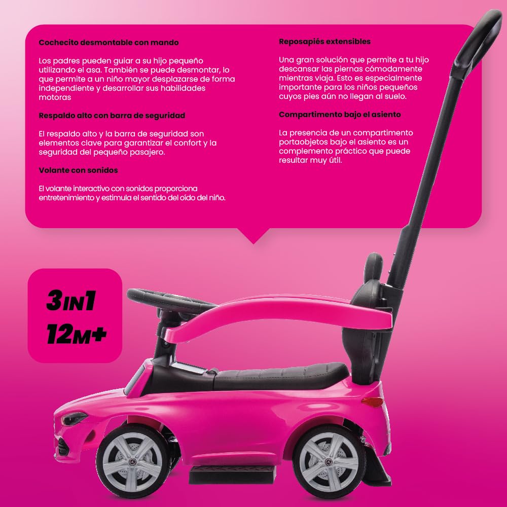 sun baby Coche de Empuje Mercedes C-Class, Coche para Niños a Partir de 1 año, Respaldo Alto, Volante con Audio, reposapiés Extensibles, Compartimento portaobjetos (Rosa)
