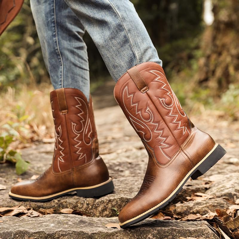 LISHAN Men's Western Cowboy Boots Embroidered Flats Mid Calf Boots4