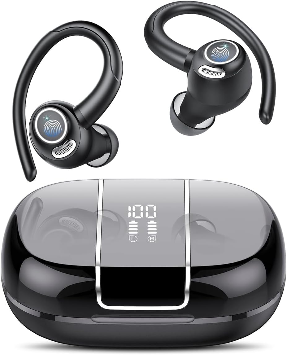 Wireless Earbuds with earhooks Bluetooth 5 3 Headphones 48H Playback Noise Cancelling Wireless Headphones with LED Battery Display