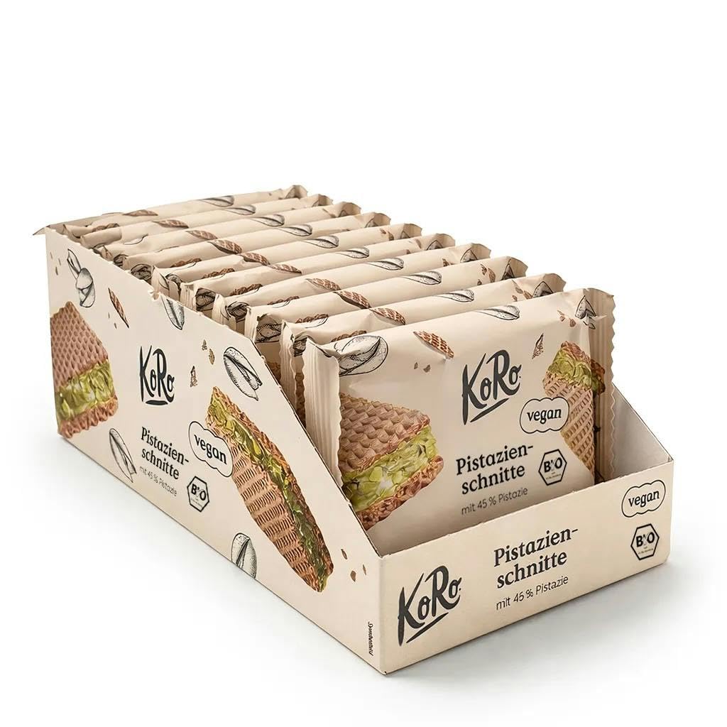 KoRo - Wafer ripieni con crema di pistacchi 22 g – 45% di ripieno ai pistacchi – Cioccolato bianco – Vegan