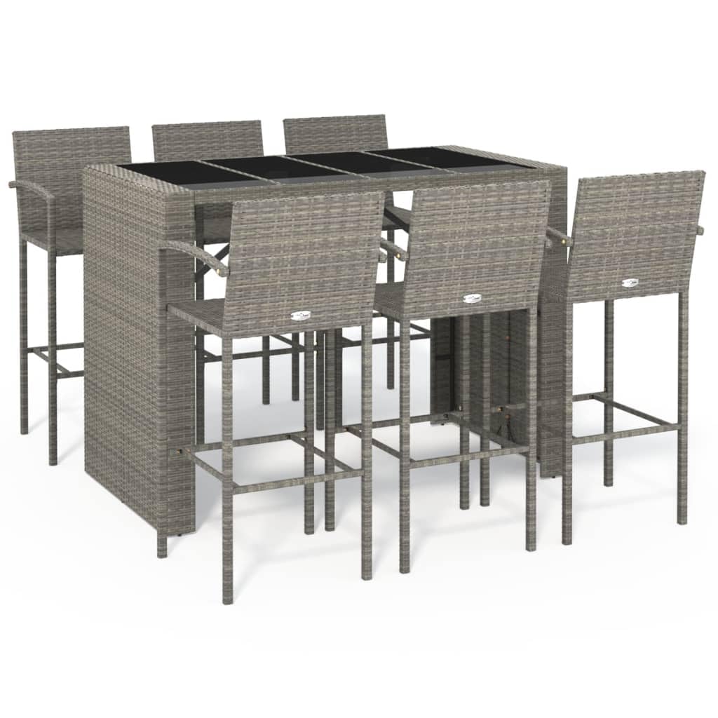 Juego de 7 barras de jardín de poliratán gris con 1 mesa de bar y 6 taburetes, mesa de comedor con tapa de cristal y marco de acero para jardín, terraza, balcón y exterior