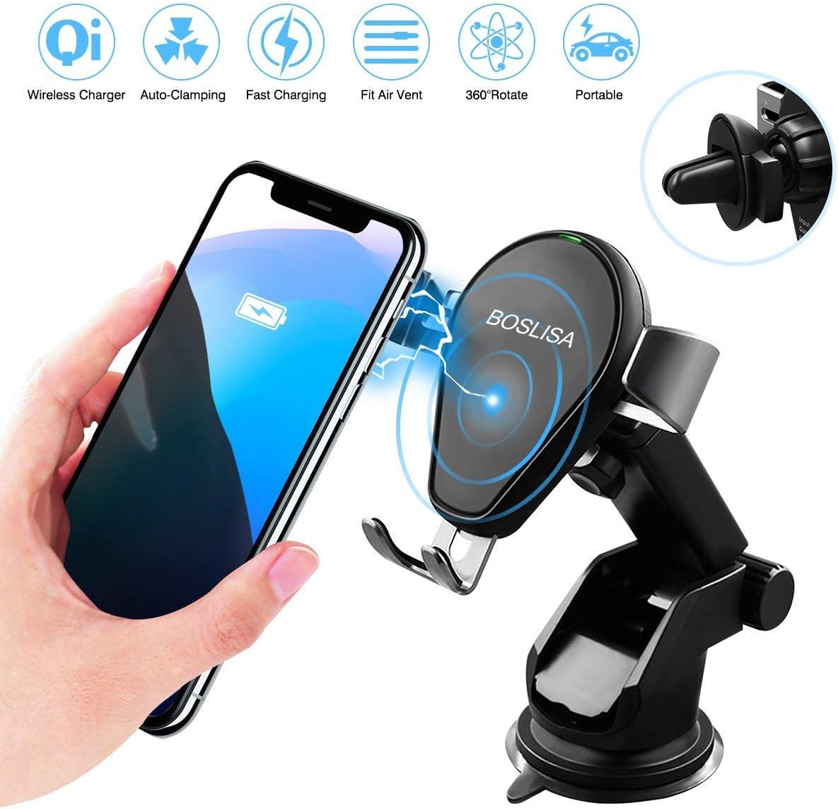 BOSLISA Wireless Car Charger, Auto-clamping Qi Wireless Charger Car Mount with 360°Air Vent Holder, Fast Charge for Samsung Note 8/7/5, S9/S8/S7, iPhone X/iPhone 8/8 Plus and More