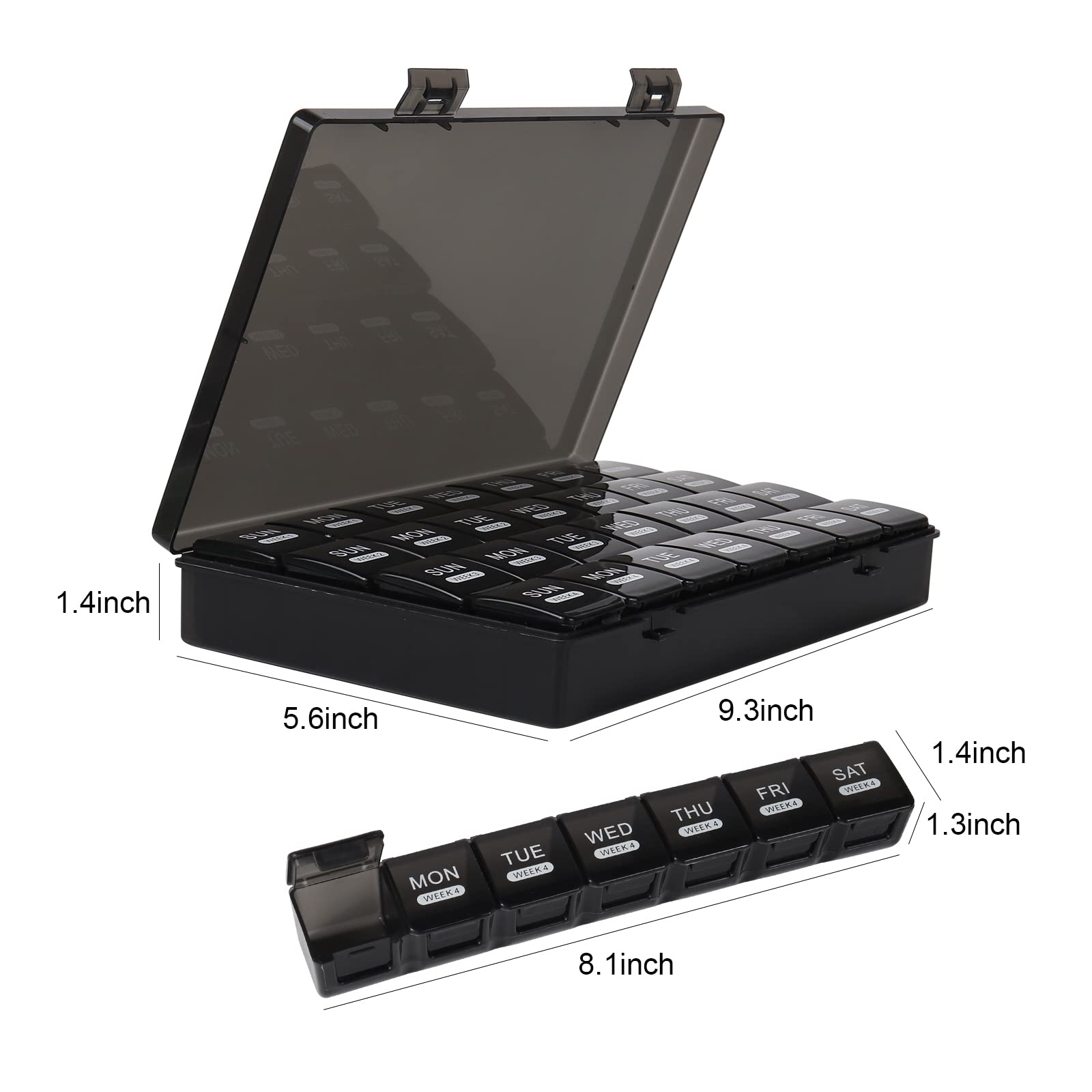 organizer na tabletki, na 28 dni, podróżny organizer na tabletki, 4 tygodnie, jeden miesiąc, etui na tabletki, z pyłoszczelnym pojemnikiem na witaminy, olej z wątroby dorsza, suplementy i leki (czarny)
