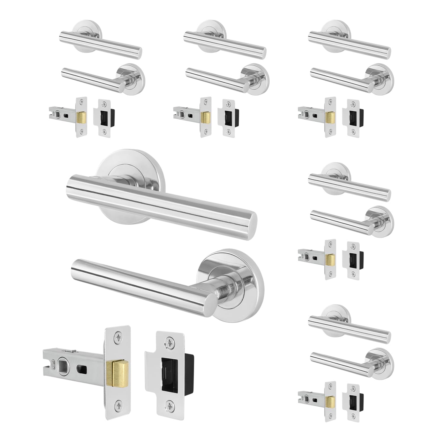 EAI Door Handle Latch Set Polished Chrome - Pack of 6 | Round T-Bar Internal Door Handles & Latch (64mm) | Silver Lever on Rose Oliena Range