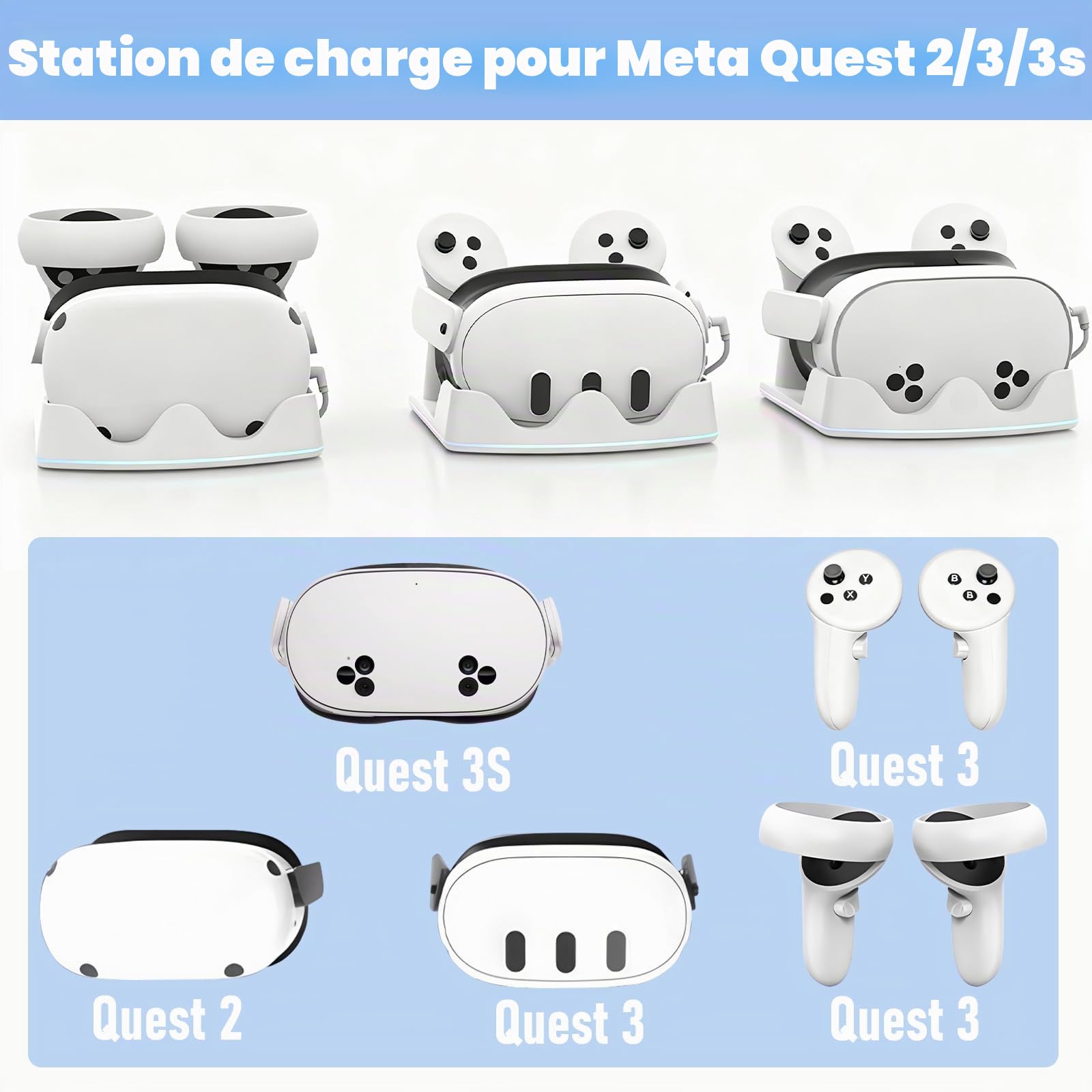 Station de Charge Compatible avec Meta Quest 2/3/3S, Support de Chargeur pour Casque avec Lumière RVB, Station de Recharge Rapide pour Casque VR