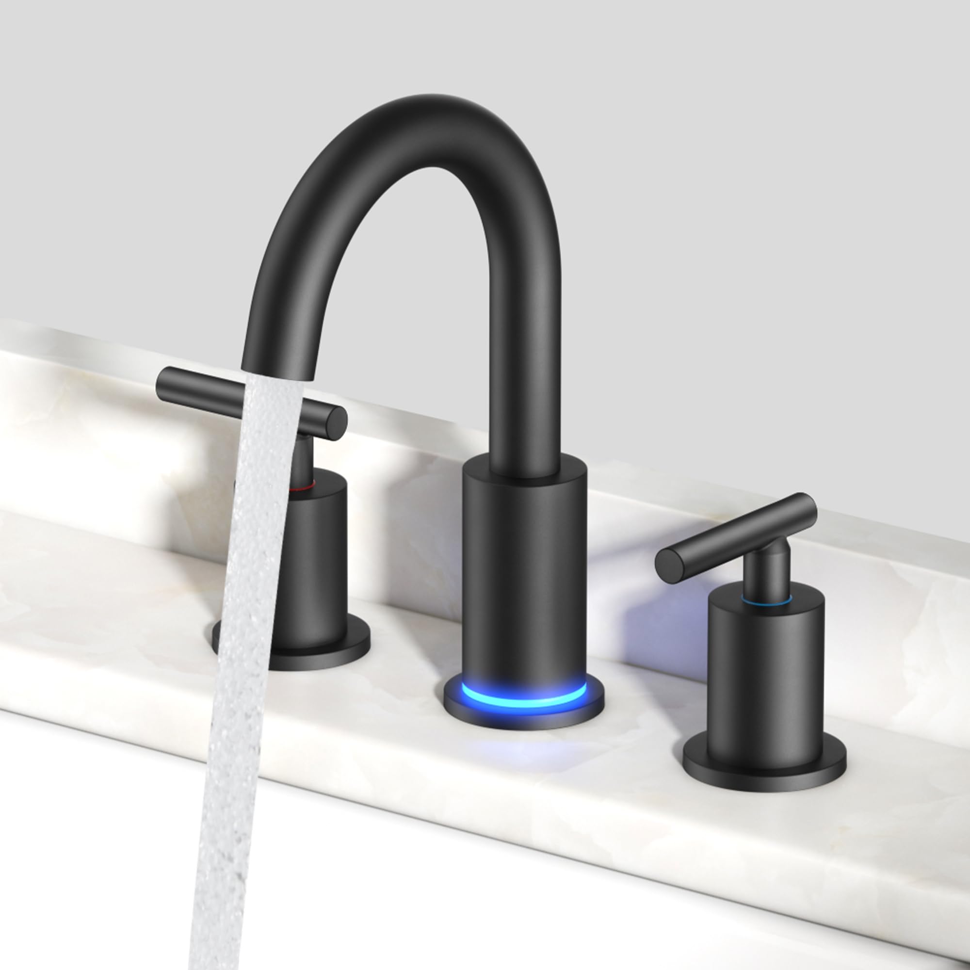 FORIOUS Bathroom Sink Faucet 3 Hole Black 8 Inch Widespread | RV Matte Black Faucet for Bathroom Sink with Temperature Changing Lights, 8 Inch Widespread LED Bathroom Sink Faucet 3 Hole