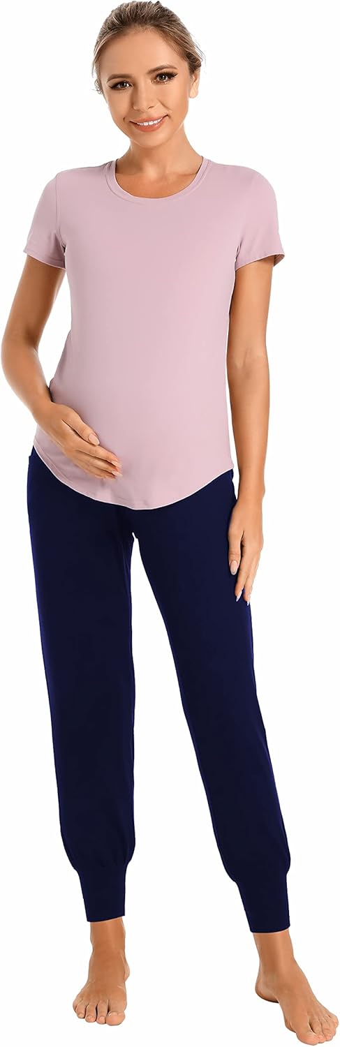 V VOCNI Women's Maternity Pants Maternity Activewear Jogger Track Cuff Sweatpants Over The Belly Stretchy Pregnancy Pants - Image 4
