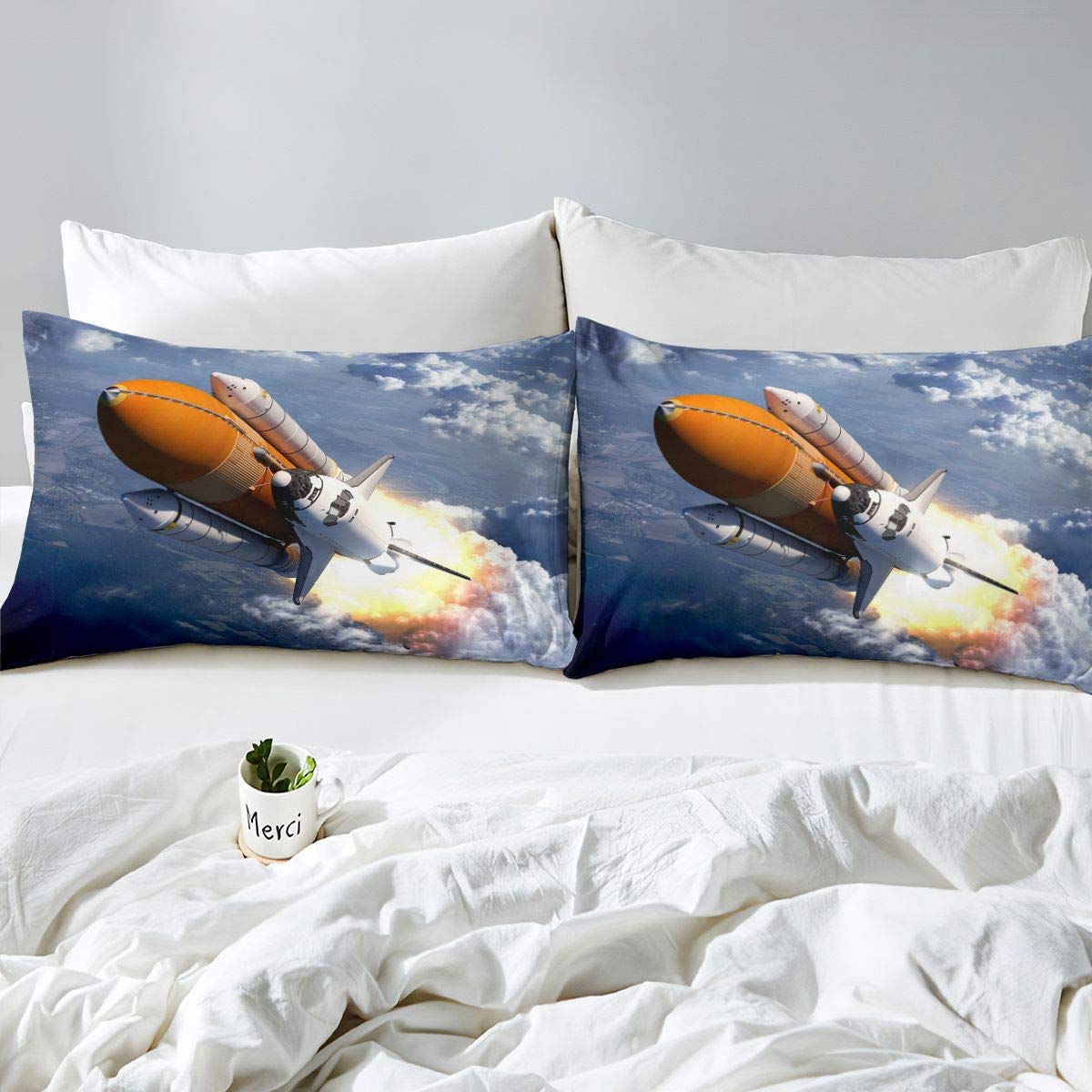 Set di biancheria da letto con motivo a razzo, motivo nave spaziale, per bambini, bambini, ragazzi, ragazze, spazio esterno, copriletto avventura, colore: nero e bianco