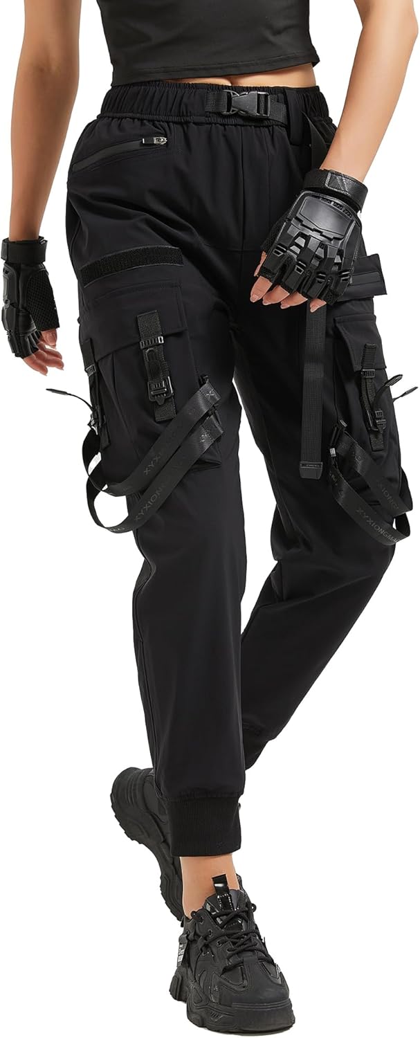 MEINVQIAOTI Functional Techwear Punk Dark Goth Pants Jogger Tactical 7 Pockets high Waisted Black Cargo Pants for Women