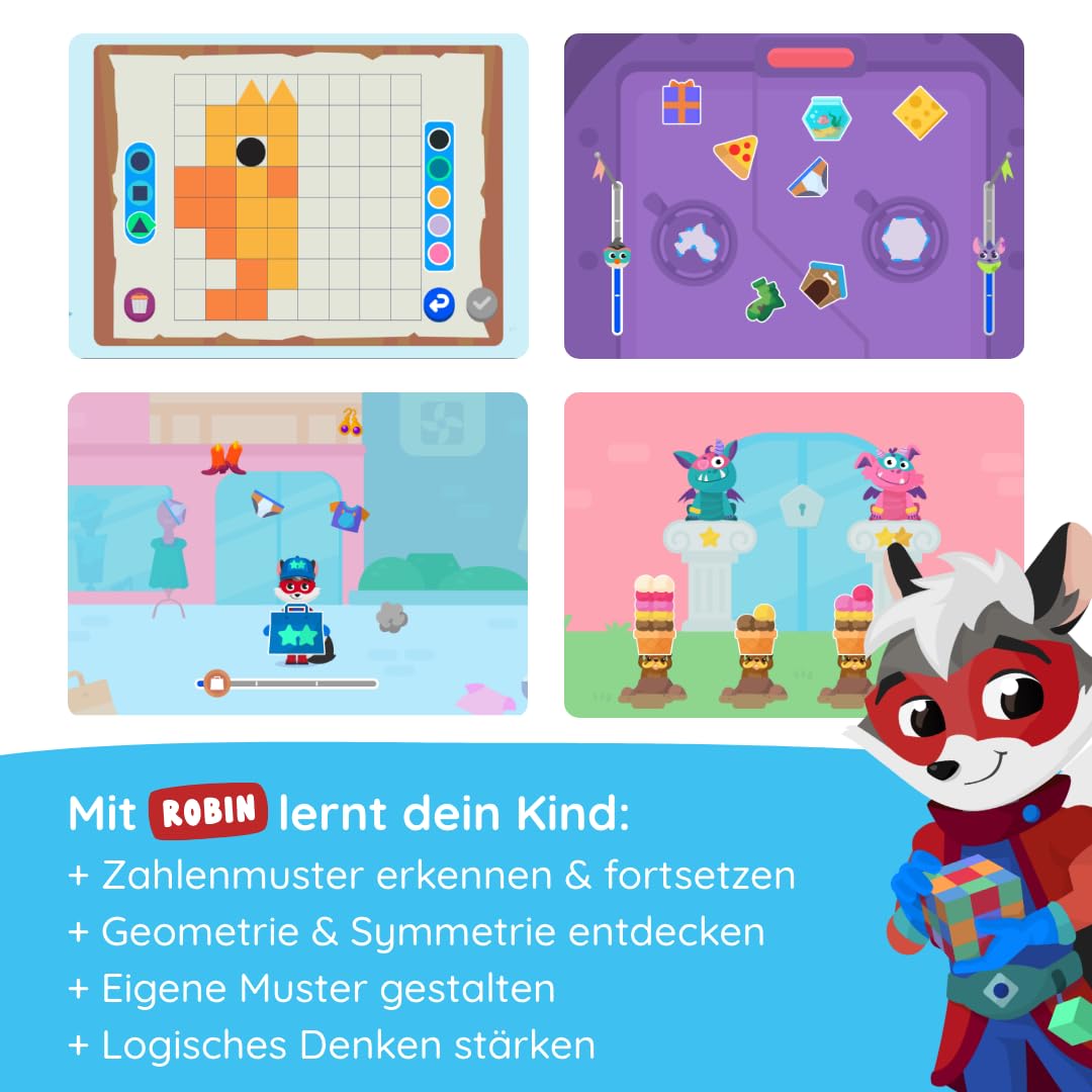 Edurino Figur Robin Geometrie & Zahlenmuster ab 4 Jahren inkl. App | Innovatives & digitales Lernspiel | Zahlenmuster erkennen | Geometrie und Symmetrie entdecken | Formenmuster gestalten