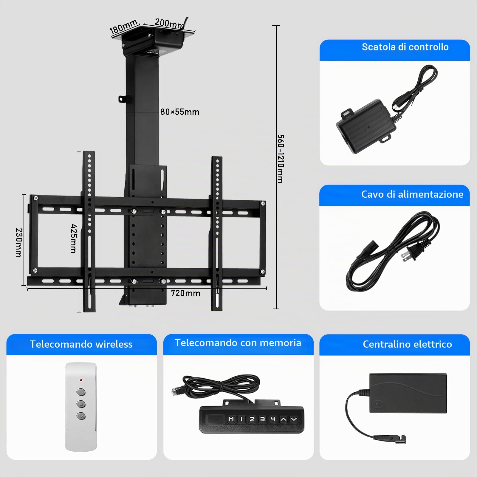 supporto tv motorizzato, staffa tv motorizzata soffitto per Schermi da 32-70 Pollici, Supporto Da Soffitto Motorizzato Sollevamento regolabile in altezza 65cm, Fino a 60kg (Lift 56-121)