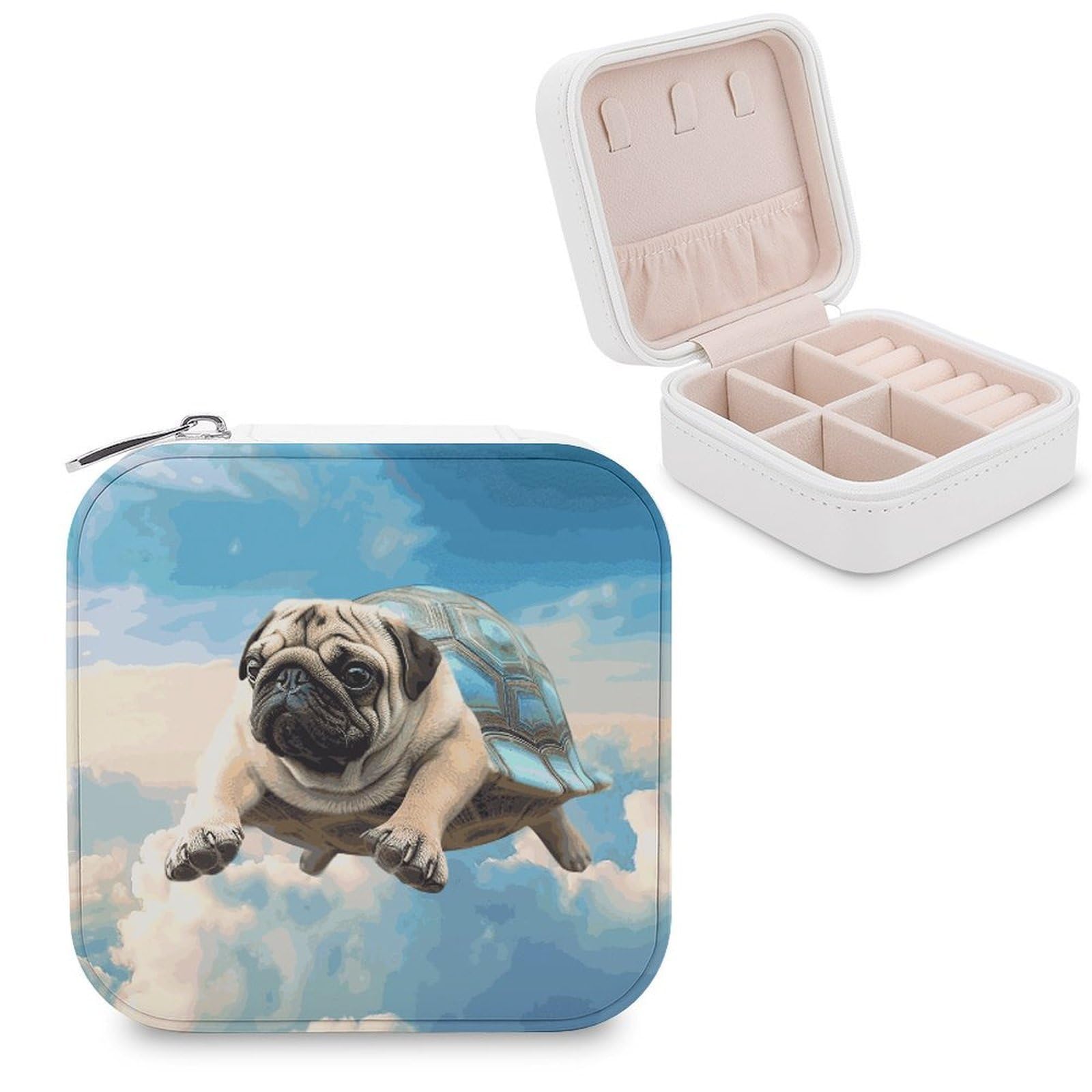 JTREHY Travel Funny Turtle Pug Dog in The Sky Jewelry Case Portable Display Storage Box PU Leather Mini Jewelry Travel Case Personalized Travel Jewelry Organizer Small Jewelry Box for Women