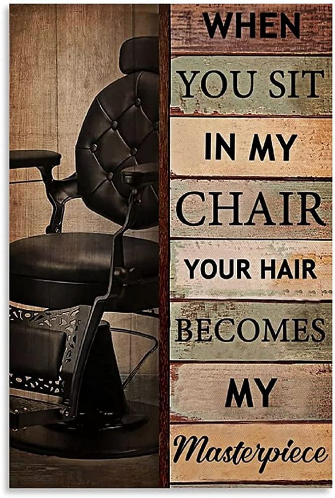 rayprint Your Hair Becomes Masterpiece Vintage Plaque Poster Barber Chair Metal Signs Room Salon Barber Shop Wall Decor 12x16inch