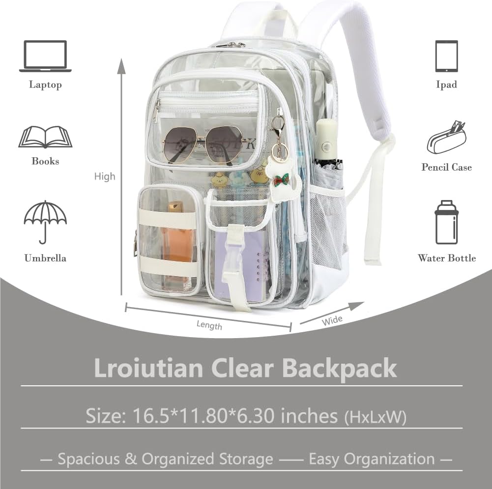 Clear Backpack for School Girls Boys Heavy Duty Transparent Backpack with Multiple Pockets, Lightweight PVC See Through Bookbag for Students-White
