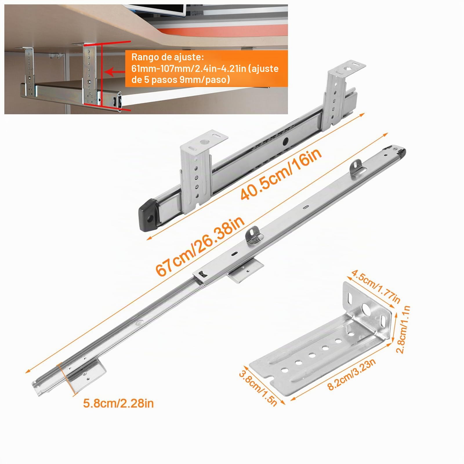 Bandeja extraíble para teclado, rieles para cajones, altura regulable, resistente, 30,5 cm, bandeja de teclado para debajo de la base (40,5 cm)