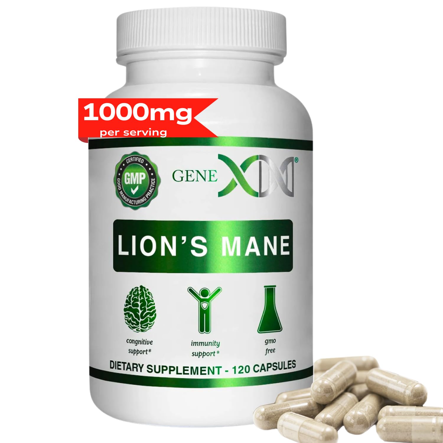 Genex Formulas Lions Mane Supplement with 100% Lions Mane Extract - Nootropics Brain Support Supplement for Brain Boost, Focus, Mental Clarity, Natural Energy, 1000mg/serving - (120 Capsules)