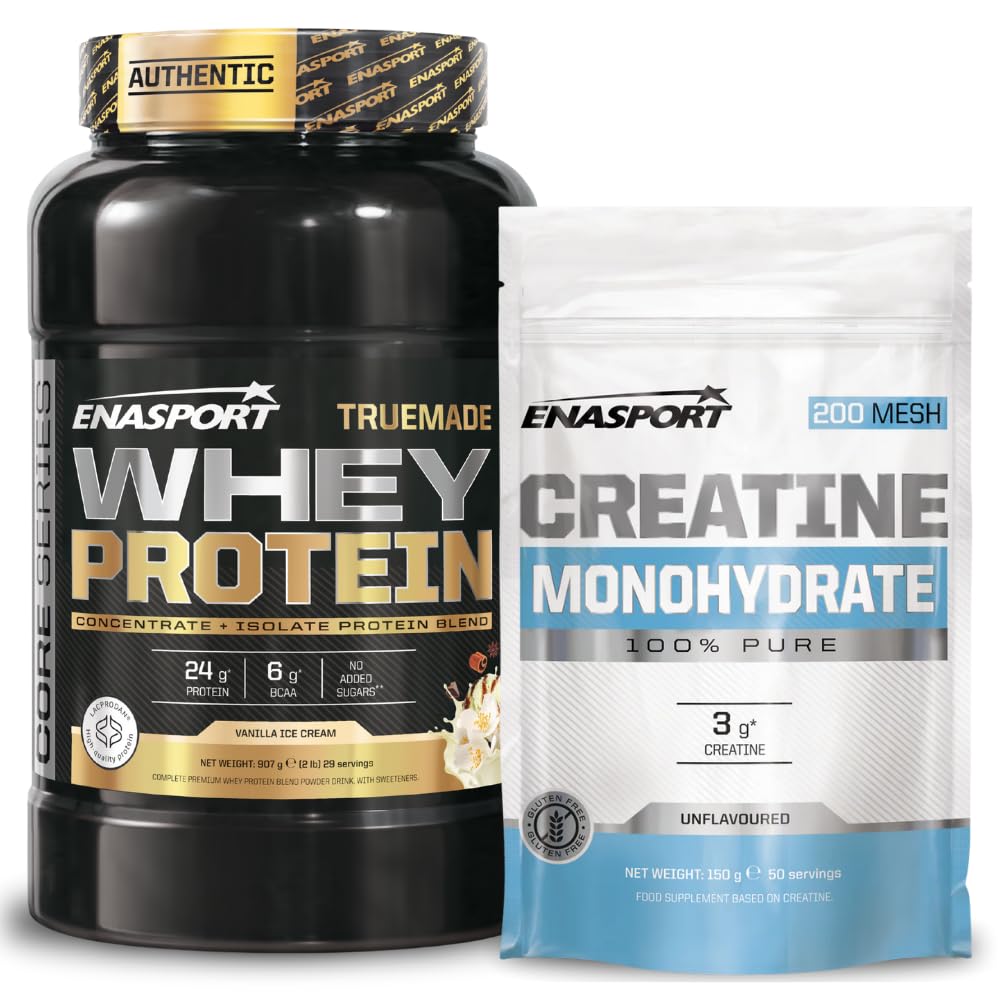 Pack Enasport Truemade Whey Protein 2lb + Creatina Monohidrato 150g | Aumenta el crecimiento muscular y la recuperación. Fuerza y resistencia. (1057, Vainilla)