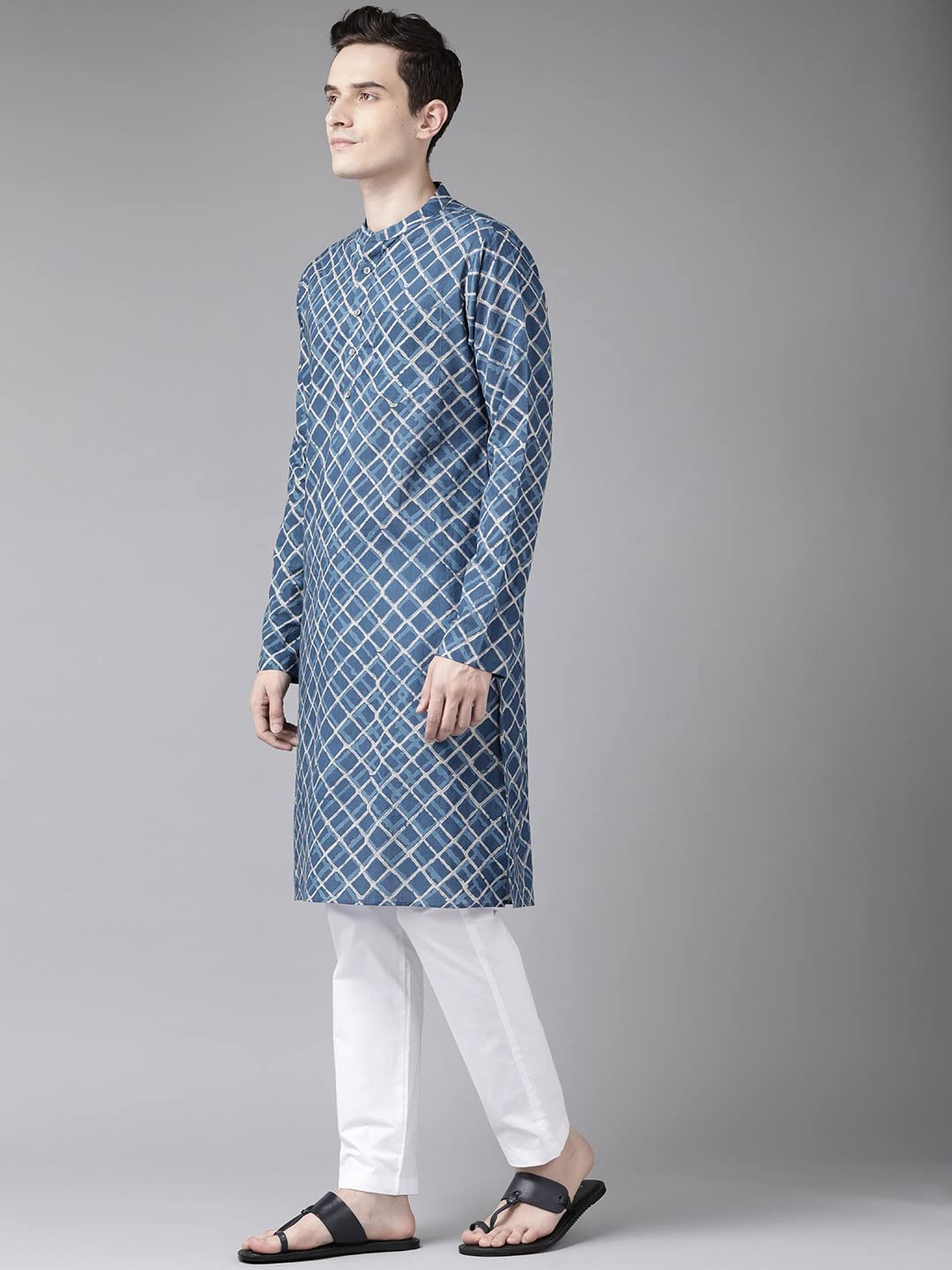 See Designs Blue Cotton Regular Fit Printed Kurta Mandarin Collar Two Pockets_Sdkt983L