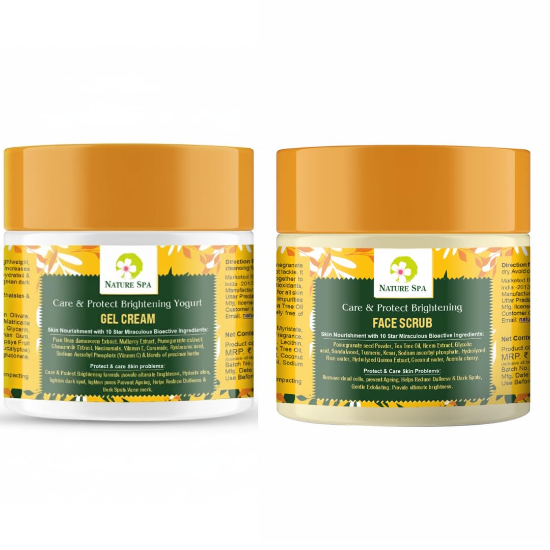 Nature Spa Brightening Gel Cream & Scrub Combo, Skin Nourishment with 10 Star Bioactive Ingredients, Rose, Pomegranate, Tea Tree Oil,Vitamin c,Neem,Turmeric,kesar,Pomegranate seed powder