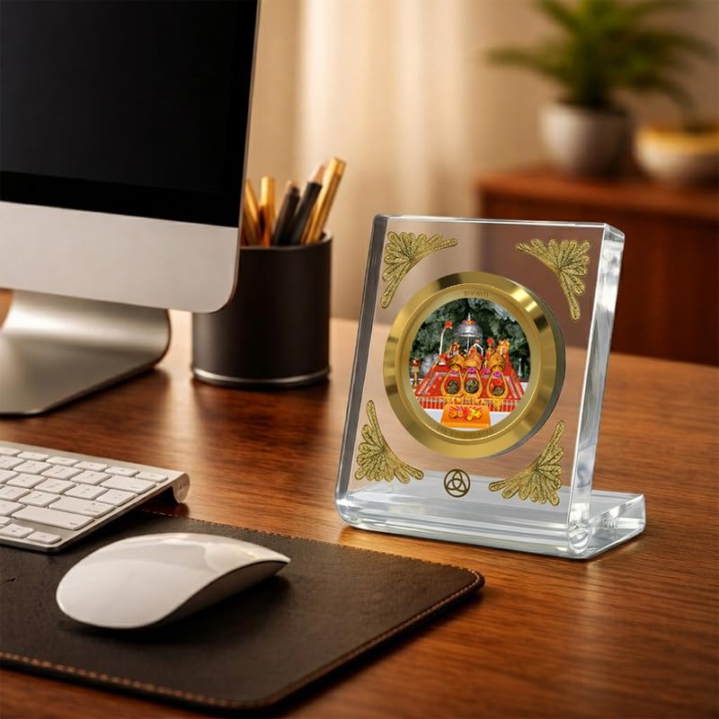 Image of DIVINITI 24K Gold Plated Lord MATA Ka Darbar Acrylic Frame for Car Dashboard, Home Temple & Office Table | Premium Spiritual Gift, Blessings for Protection & Positivity, 8x7 cm Decorative Showpiece