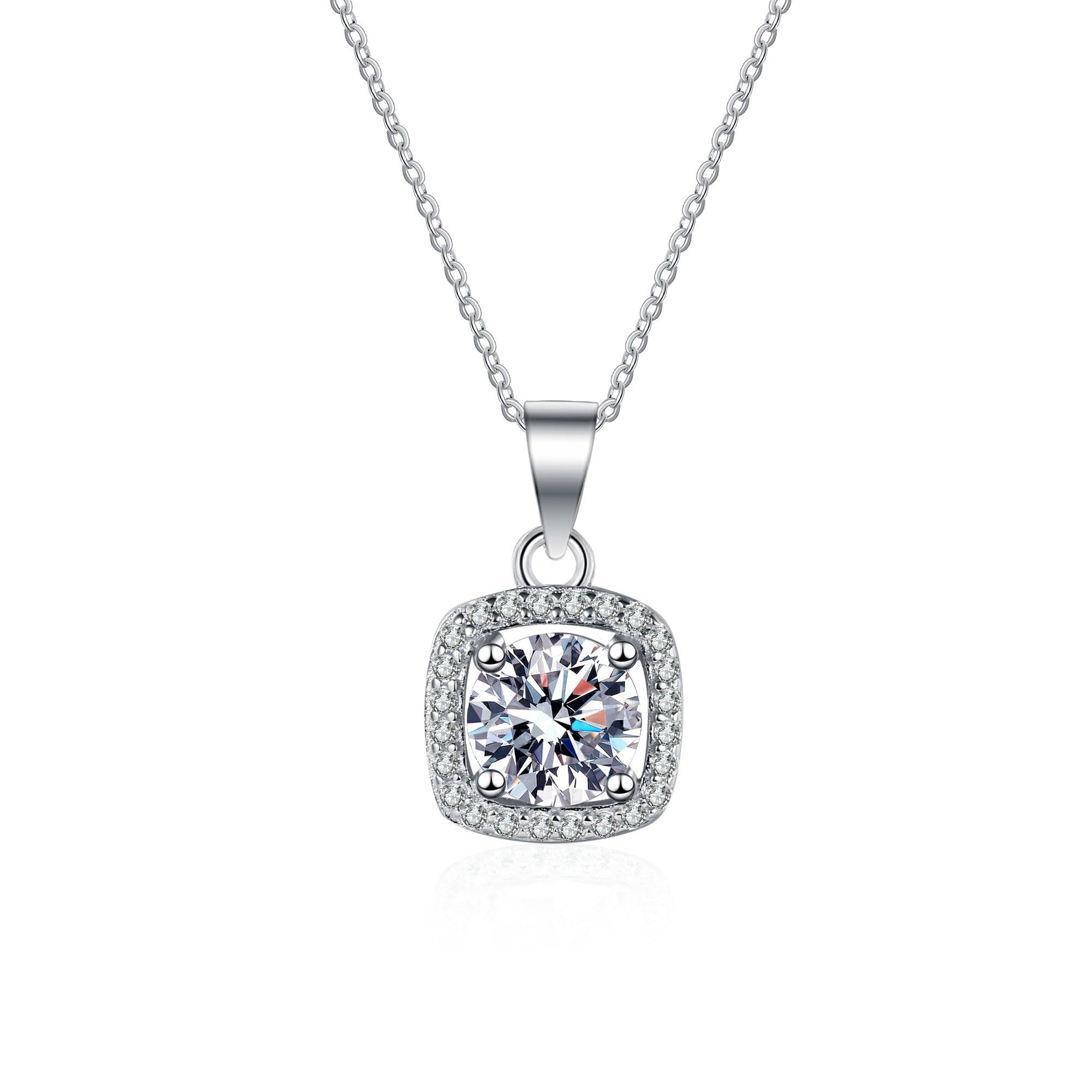 Collier moissanite 1ct argent 925 pendentif carré chaîne ajustable 40cm