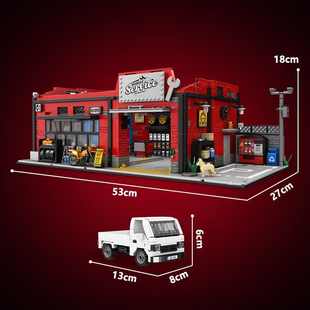 39148 American-Style Parkplatz Reparatur Shop Baustein Set mit Beleuchtung, 2819 Stück Shop Gebäude Modell Baustein Sets, Erwachsene Kreative Enthusiasten Modell Geschenke und Sammlerstücke