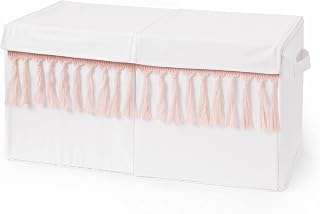 Sweet Jojo Designs Boho Bohemian Girl Small Fabric Toy Bin Storage Box Chest For Baby Nursery Kids Room - Blush Pink White Farmhouse Shabby Chic Designer Modern Minimalist Tassel Fringe Macrame Cotton