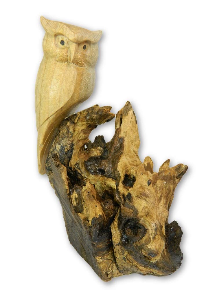 Thai Gifts Wooden Owl Carving - Horned Owl on Root Wood