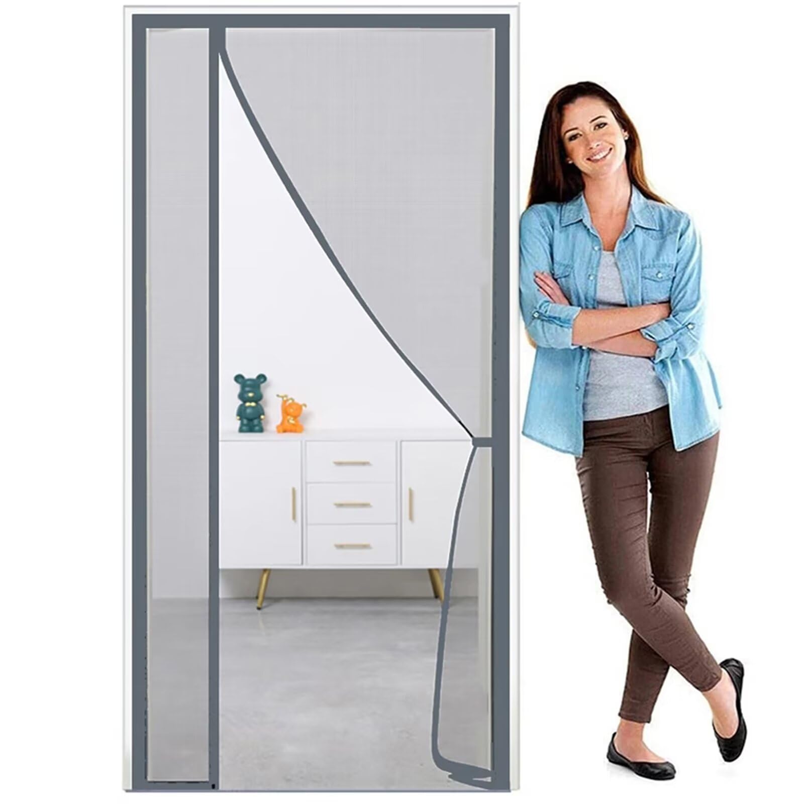 Moustiquaire magnétique pour porte-fenêtre - 130x220 cm - Rideau anti-moustiques pour porte d'entrée avec fermeture automatique par aimants - Anti-moustiques Mouches Insectes,gris