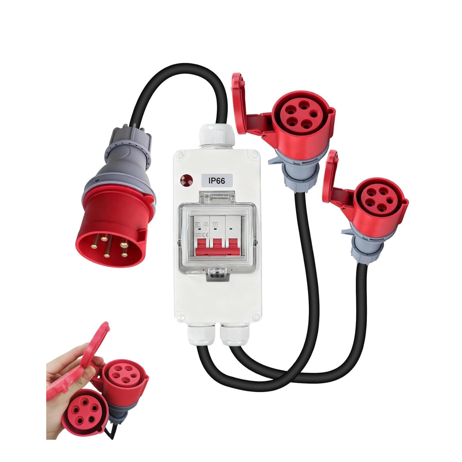 Adattatore da 32 A a 16 A x2 con Interruttore Automatico, 5 poli IP66 Pesante Adattatore 16 A ad alta Corrente e alta Tensione con indicatore LED, per Roulotte, Industria
