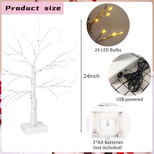 Miniatura 2 de Árbol de abedul con luz LED de San Valentín de 24 pulgadas con 18 adornos, luz LED blanca cálida, árbol artificial de mesa, 8 modos de iluminación,