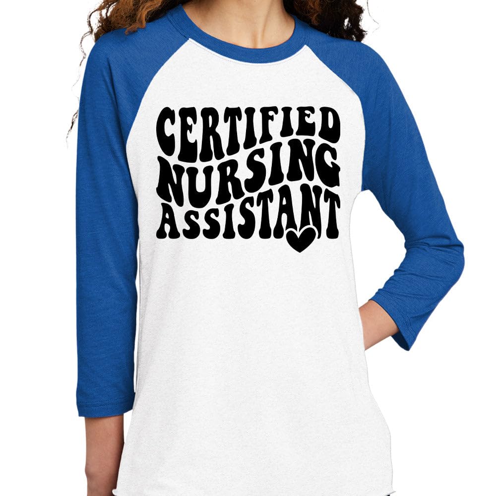 TeesAndTankYou CNA Certified Nursing Assistant Three-Quarter Raglan Sleeve Baseball Shirt Unisex X-Small White/Royal