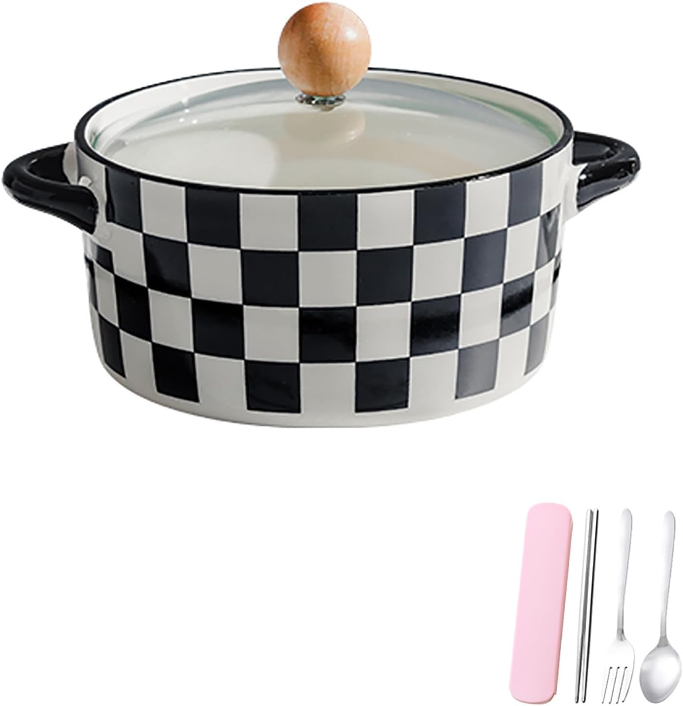 Ceramic Serving Soup Tureen Bowls with Glass Lid, Tureen Large Capacity Ceramic Serving for Home Kitchen Countertop Decoration, Microwave and Dishwasher Safe,Checkered