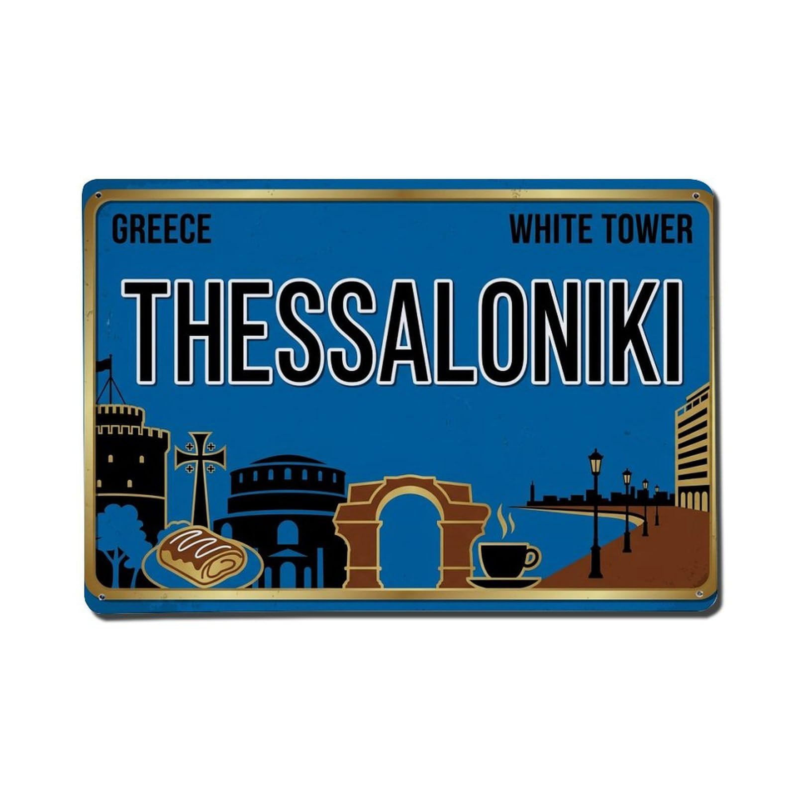 Vintage Travel Thessaloniki Greece Tower Waterfront Metal Tin Sign Plaque Wall Decor for Cafe, Club Bar, Office, Garden Metal Poster 8x12Inch