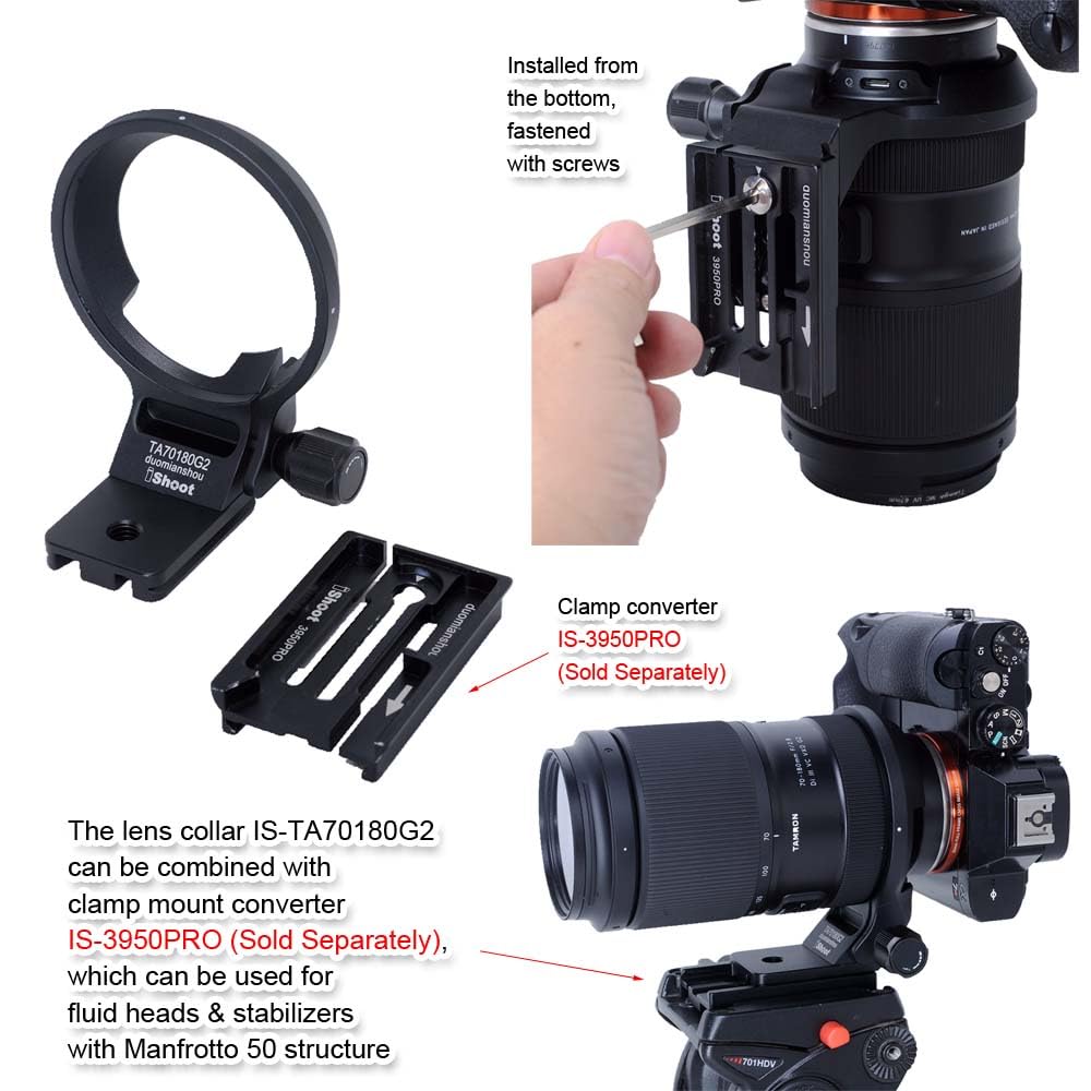 iShoot Obroża obiektywu do montażu na statywie kompatybilna z Tamron 70-180 mm f/2,8 Di III VC VXD G2 A065 E-Mount, wspornik wspornika Arca-Swiss Fit Quick Release Plate do zacisku głowicy Arca Fit i
