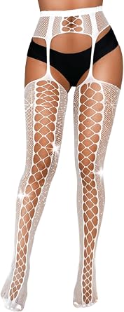 EHSUYAB Womens Sparkly Rhinestone Fishnets, Suspender Pantyhose With Garter Belt, Fishnet Stockings Sexy Costumes Rave Tights