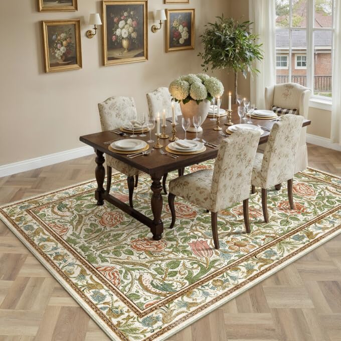 PureCozy Floral 5x7 Area Rugs for Living Room Neutral Machine Washable Large Rug Non-Slip Stain Resistant Low Pile Boho Accent Indoor Throw Carpet for Office Bedroom Dining Room