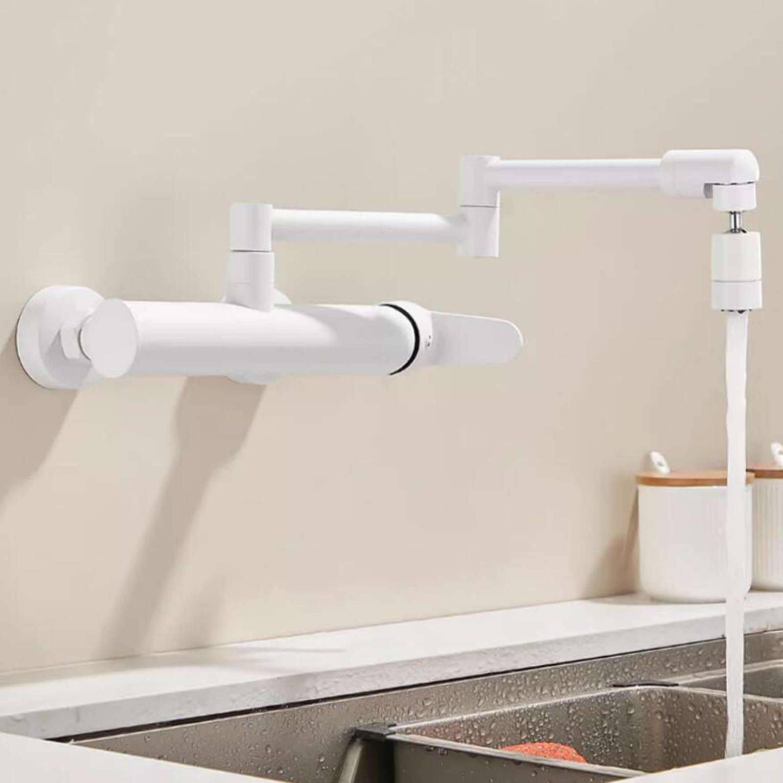 Rubinetto Cucina a Muro Miscelatore Cucina Pieghevole Girevole Acqua Fredda e Calda Ottone 2 Funzioni Bocchetta Miscelatore Cucina Parete-Bianco