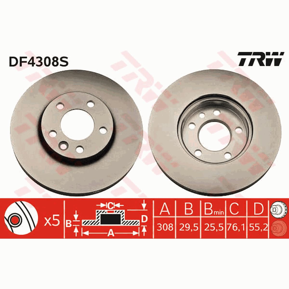 2x TRW Disco de freno Delantero Ø308mm Altura: 55,6mm Espesor: 29,5mm Corona de Agujeros - Ø: 120mm ventilado DF4308S Compatible con VW Multivan T5 7HM, 7HN, 7HF, 7EF, 7EM, 7EN Touareg 7LA, 7L6, 7L7