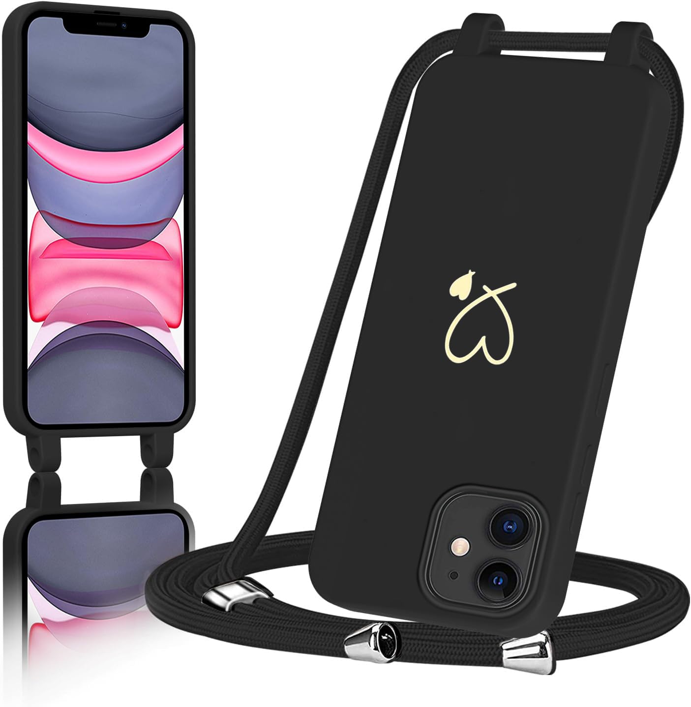 AoozeFon für iPhone 11 Hülle mit Band, Handyhülle iPhone 11 mit Kordel zum Herz, Schutzhülle Handyband mit Umhängen Abnehmbare Weich TPU Liquid Silikon Bumper，Schwarz