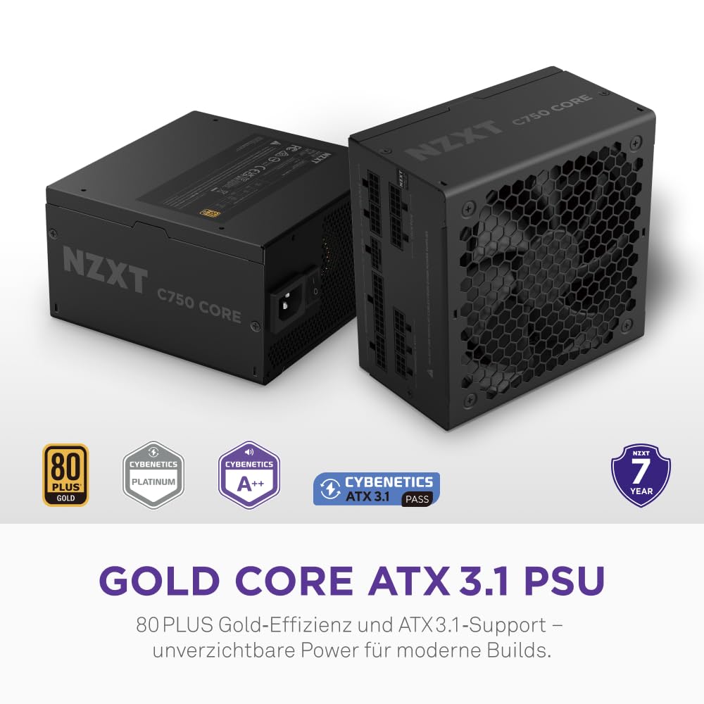 NZXT C750 Gold Core – Alim. ATX 3.1 750W – 80 Plus Gold – Cybenetics Platinum – Full modulaire – PCIe 5.1 300W 12V-2x6 – Ventilateur 0 RPM – Condensateurs 105 °C – Noir