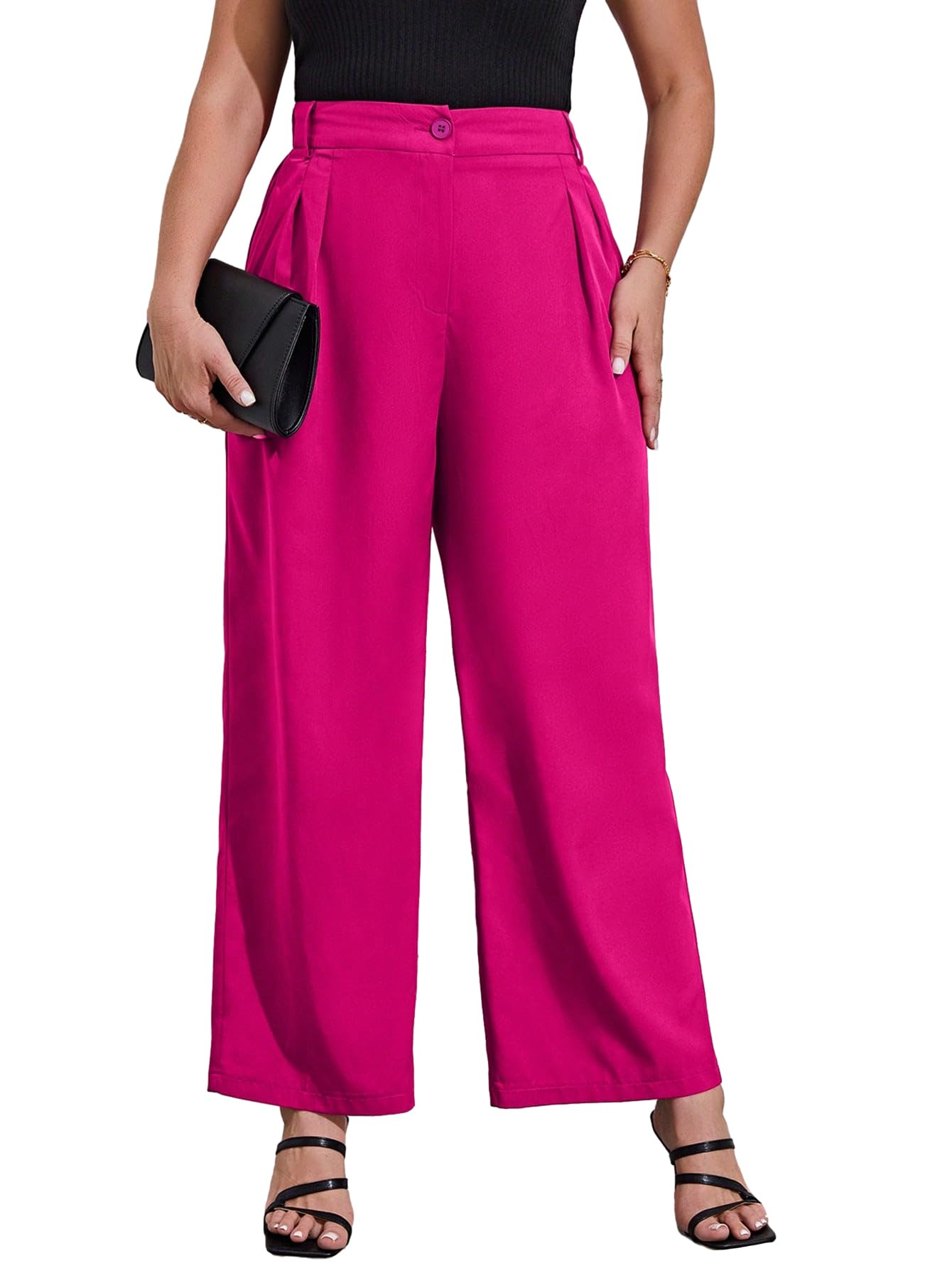 WDIRARA Womens Plus Size High Waist Button Pleated Straight Leg Pants Casual Pants