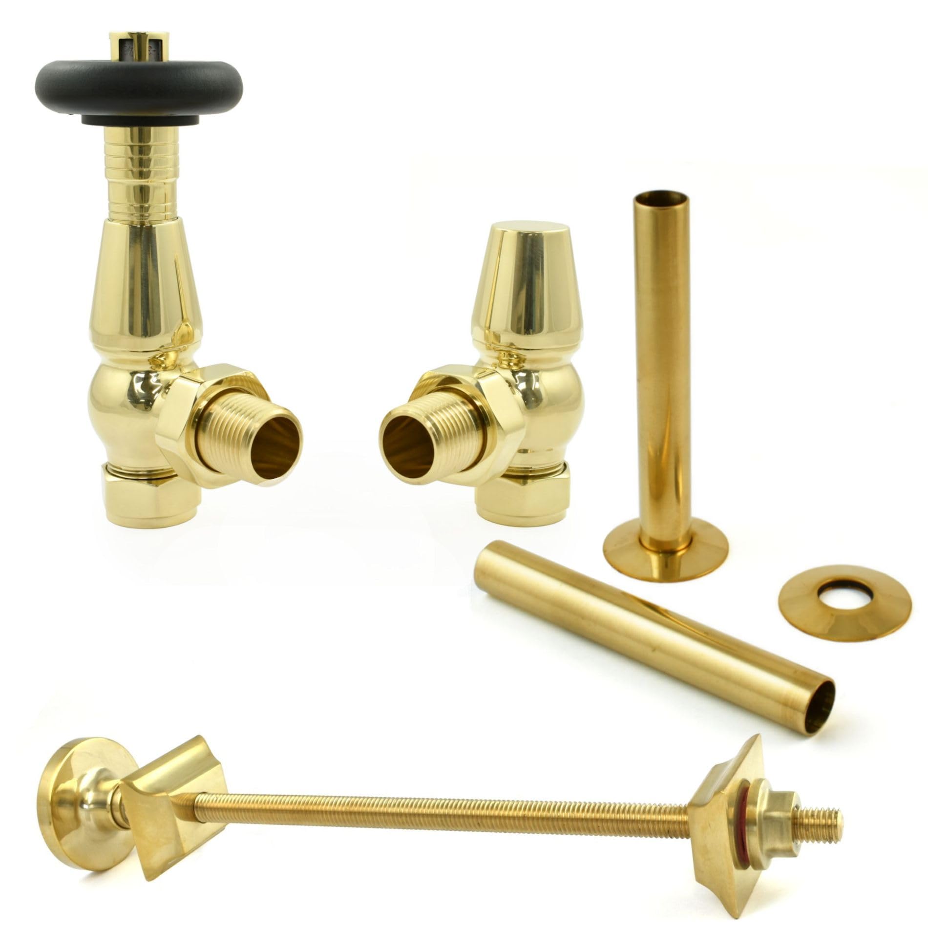 Hot Flow Unlacquered Brass Jordan Angled TRV Thermostatic Radiator Valve (Pair) Includes Angled TRV Body, Wheel Head, Lock Shield, Pipe Sleeve & Wall Stay for Quick & Easy Temperature Control. โ image 1