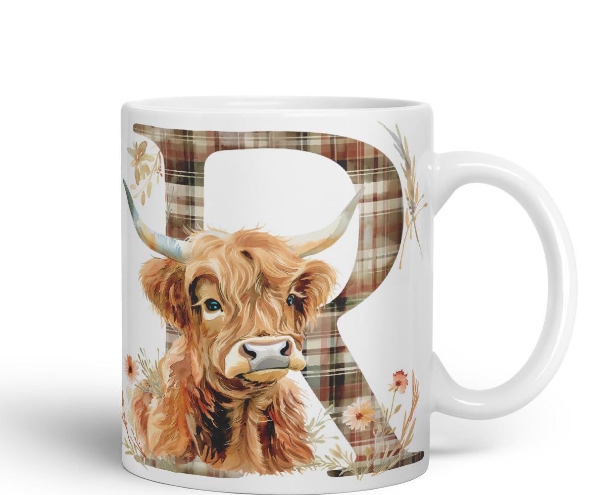 Vixar Highland Cow Alphabet Monogram Coloured Ceramic Cup Mug – Letter R – Rustic Farmhouse Animal Letter Gift – 11oz (White)